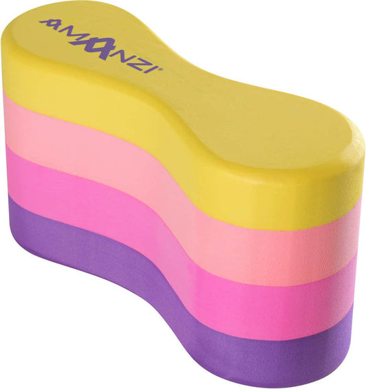 Amani Sunset 4 Layer Pull Buoy in multi-color, designed for swim training, floating in water with visible layers and brand logo.