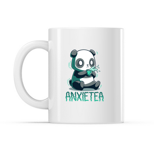 Ceramic Mug_TeeTurtle Anxietea white mug featuring an anxious panda holding a cup of tea with the caption, “Anxietea“.