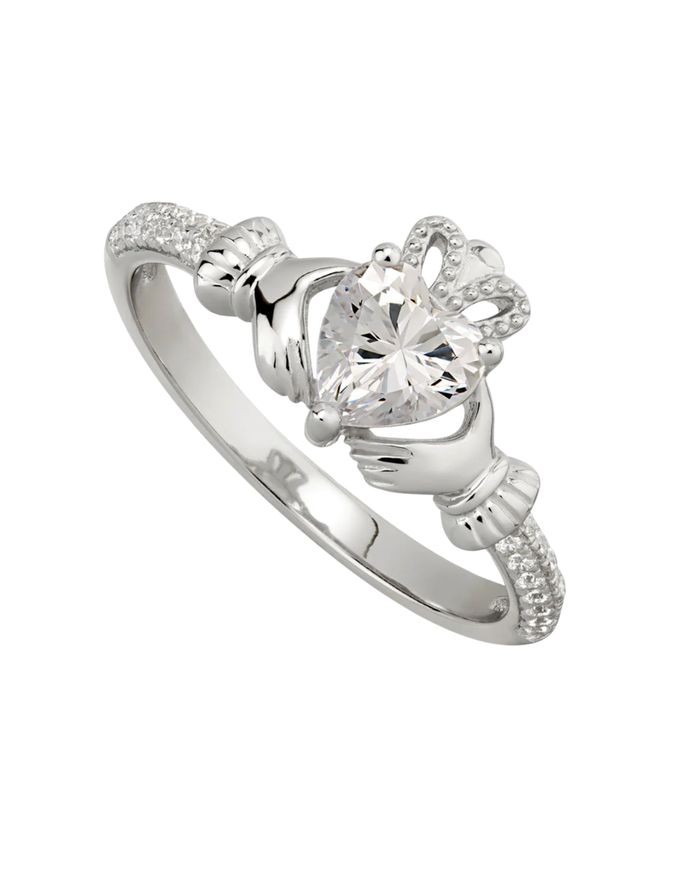 April Birthstone Crystal Sterling Silver Claddagh Ring