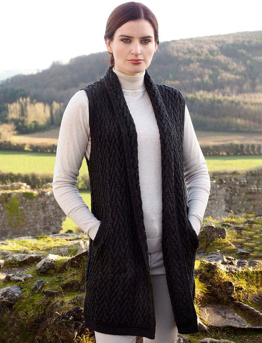 Aran Trellis Sleeveless Merino Cardigan - Charcoal #color_charcoal