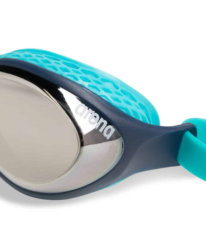 Arena Air Junior mirror goggles in silver, navy, and water colors, featuring a sleek design for young swimmers.
