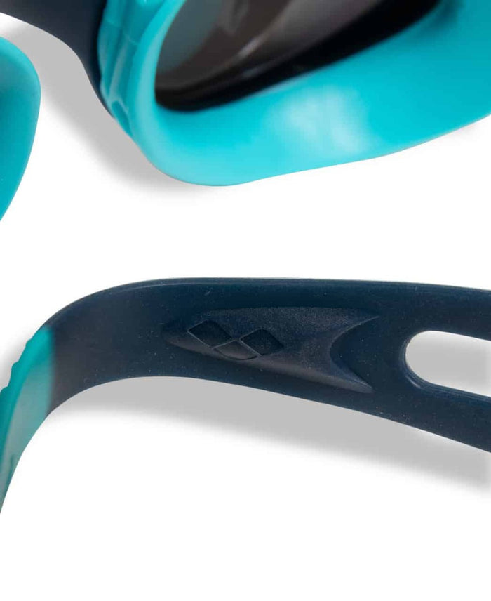 Arena Air Junior mirror goggles in silver, navy, and water colors, featuring a streamlined design for junior swimmers.