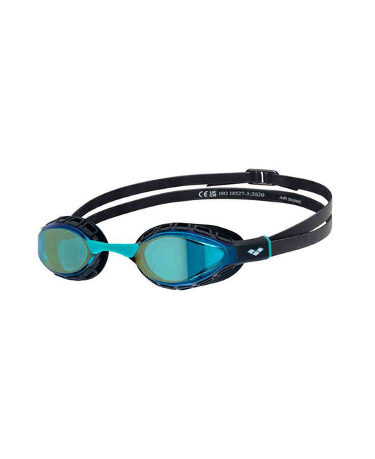 Arena Air Sonic Mirror Racing Goggles in aqua and black with mirrored lenses, designed for competitive swimming.