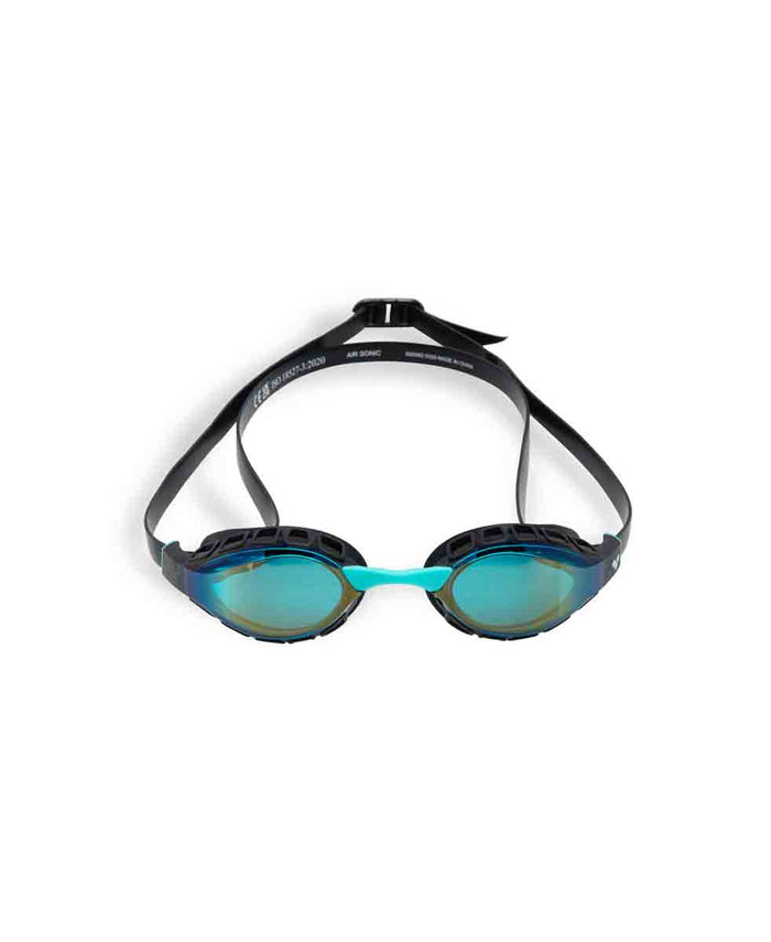 Arena Air Sonic Mirror Racing Goggles in aqua and black, featuring sporty design and reflective mirror lenses for swimming.