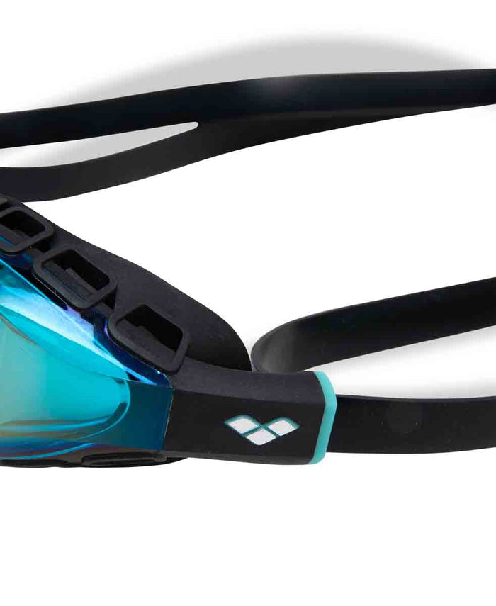 Arena Air Sonic Mirror Racing Goggles in aqua and black with reflective lenses, designed for competitive swimming and water sports.