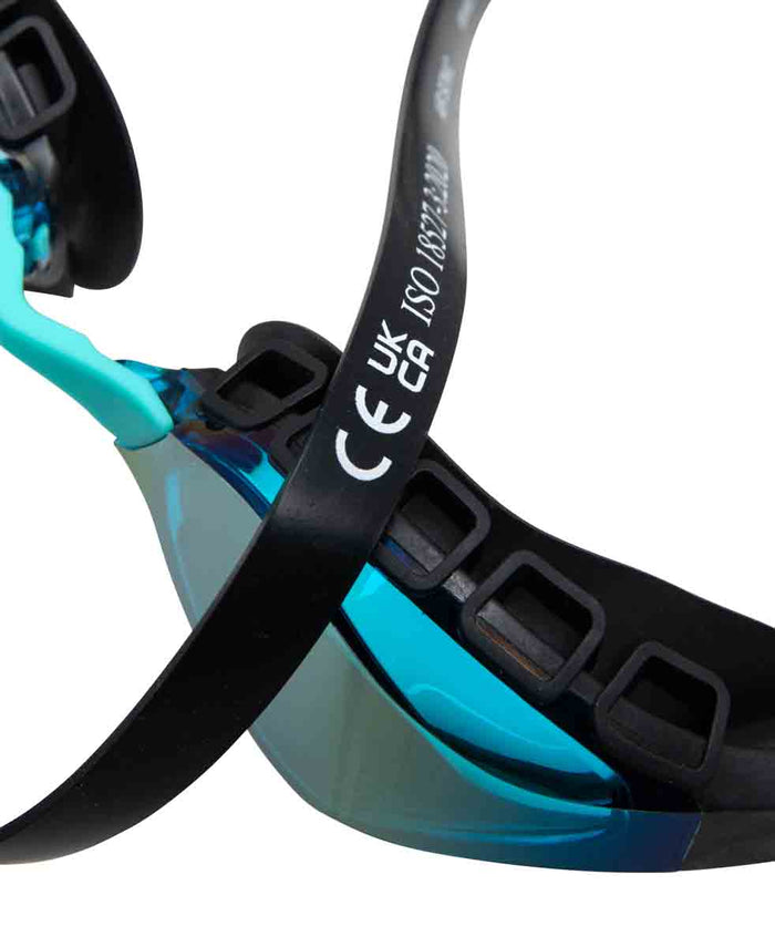 Arena Air Sonic Mirror Racing Goggles in aqua and black with mirrored lenses, designed for competitive swimming.