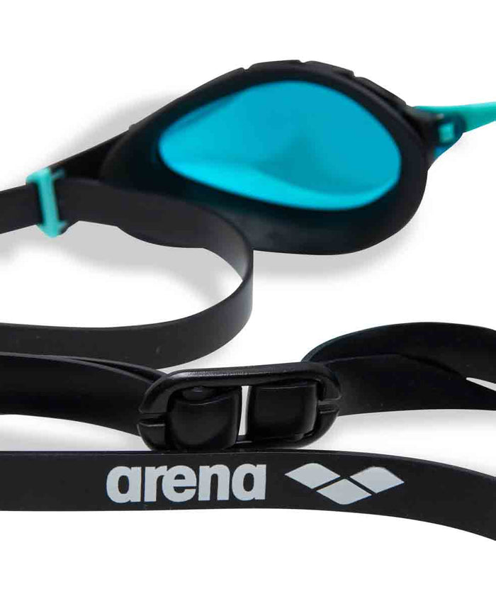 Arena Air Sonic Mirror Racing Goggles in aqua and black, featuring sleek design and mirrored lenses for swimming performance.