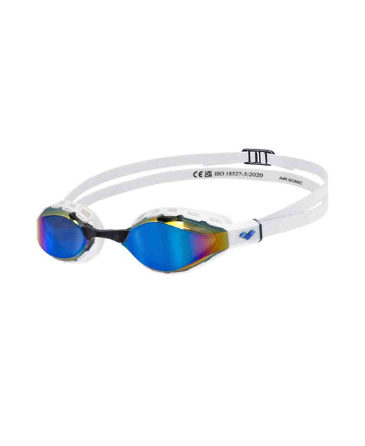 Arena Air Sonic mirror racing goggles in blue and white with a sleek design for competitive swimming.