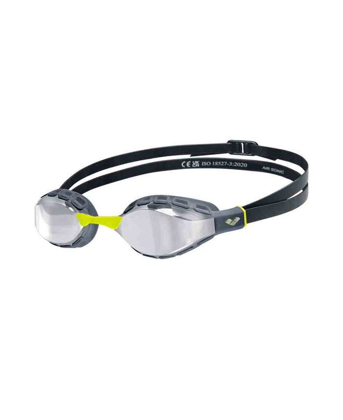 Arena Air Sonic Mirror Racing Goggles in silver and anthracite with mirrored lenses, designed for competitive swimming.
