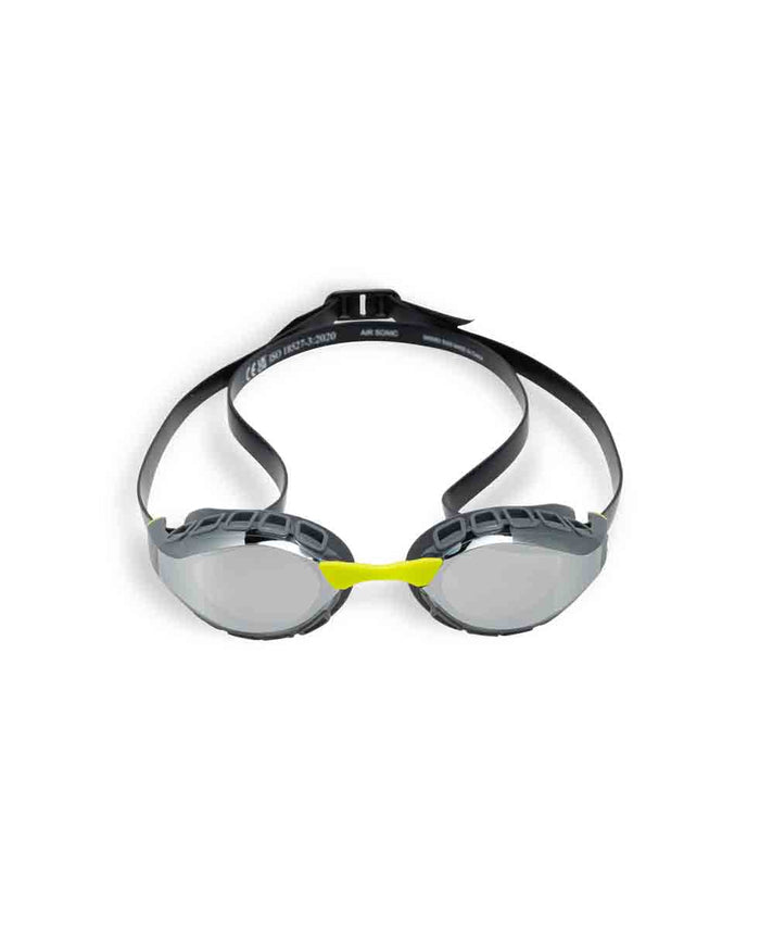 Arena Air Sonic mirror racing goggles in silver and anthracite with sleek, aerodynamic design for competitive swimming.