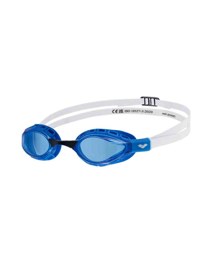 Blue Arena Air Sonic Racing Goggles with adjustable strap and clear lenses, designed for optimal fit and protection during sports.