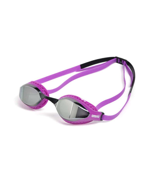 Arena Airspeed Mirror Racing Goggles in silver, purple, and black featuring aerodynamic design and reflective mirror lenses.