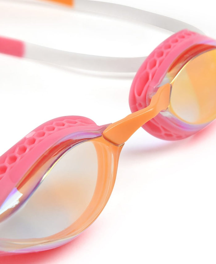 Arena Airspeed racing goggles in yellow, copper, light pink, and orange with mirror lenses, designed for competitive swimming.