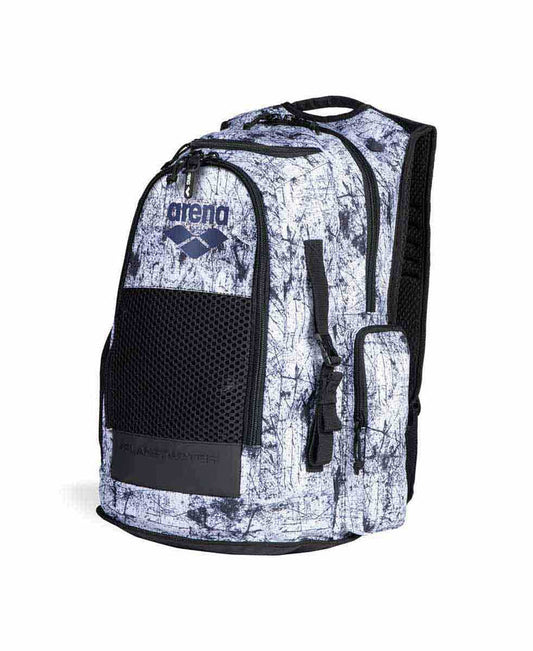 Arena All Set Allover Backpack 45L in lacquer finish, featuring multiple compartments and adjustable straps for sports and travel.