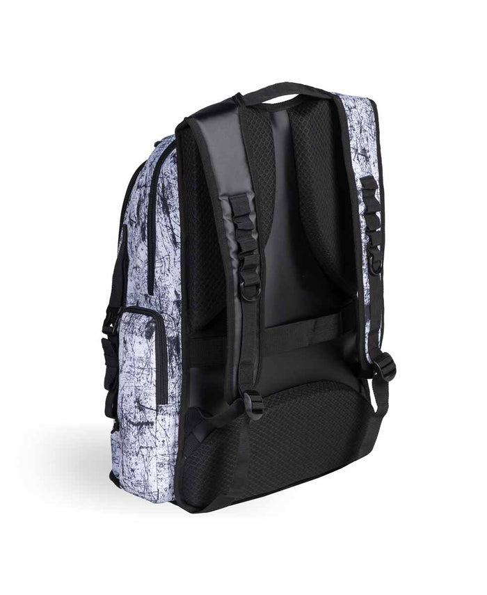 Arena All Set Allover Backpack 45L in lacquer finish, featuring multiple compartments and adjustable straps for versatile carrying.