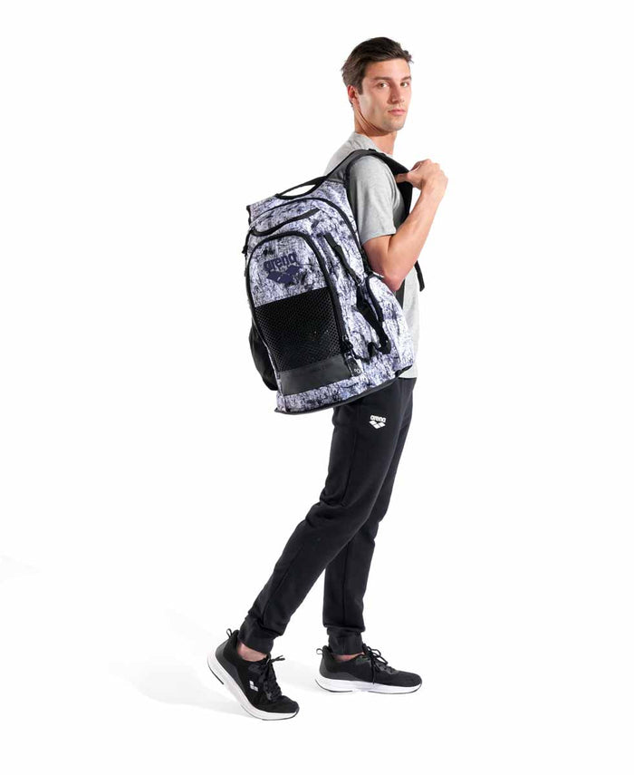 Arena All Set Allover Backpack 45L in lacquer finish, featuring multiple compartments and adjustable straps for active use.