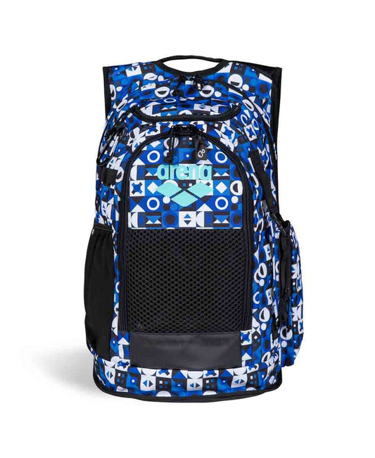 Arena All Set Allover Backpack 45L with multiple compartments and adjustable straps, ideal for sports and travel.