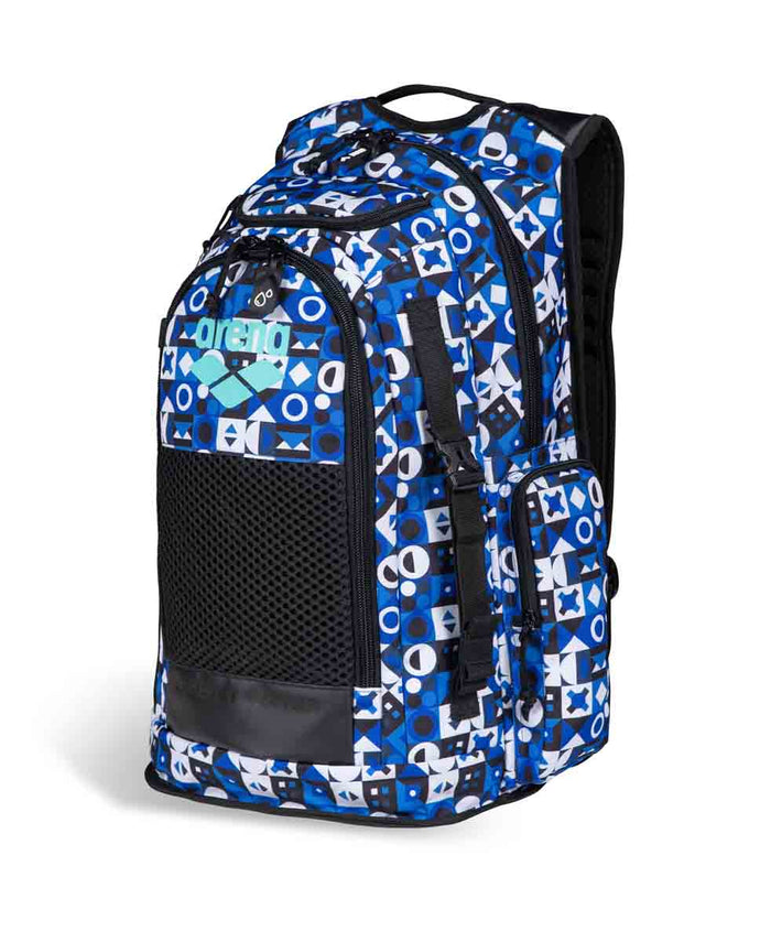 Arena All Set Allover Backpack 45L, large sports backpack with multiple compartments and colorful design, suitable for travel or sports.
