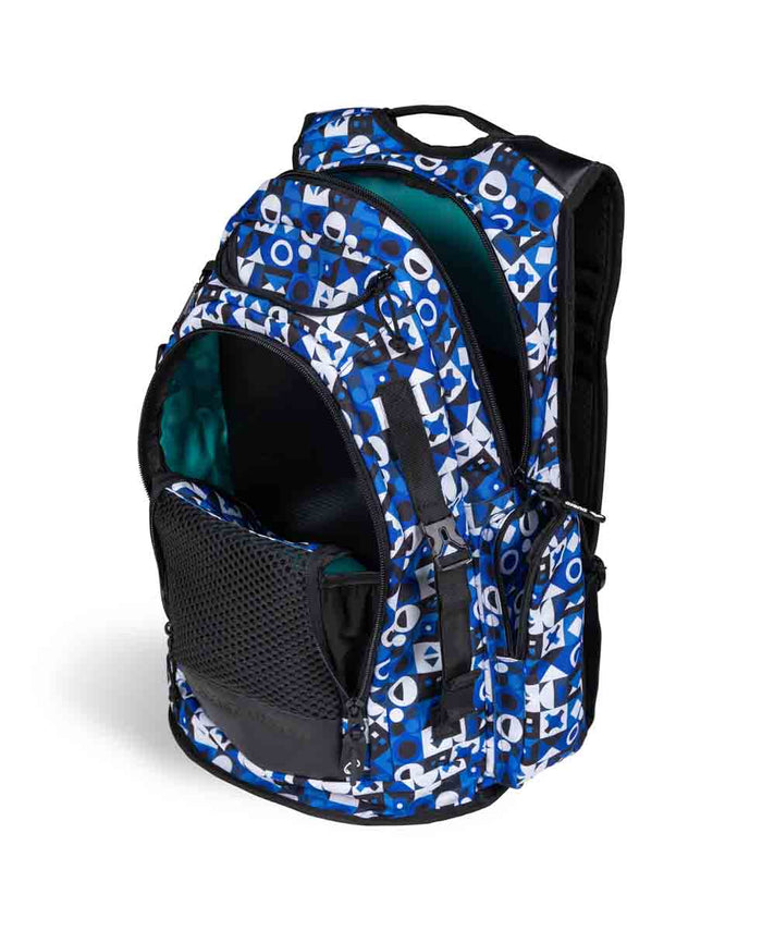 Arena All Set Allover Backpack 45L with multiple compartments, featuring a colorful, all-over pattern and adjustable straps.