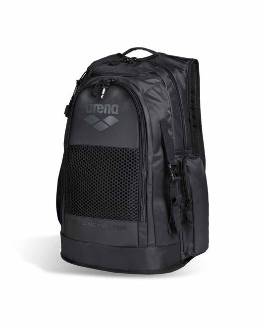 Black Arena All Set Backpack 45L with multiple compartments and adjustable straps, designed for sports and travel use.
