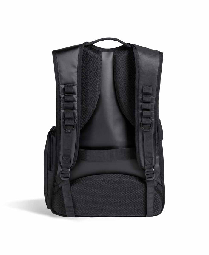 Black Arena All Set Backpack 45L with multiple compartments and padded straps for comfortable carrying.