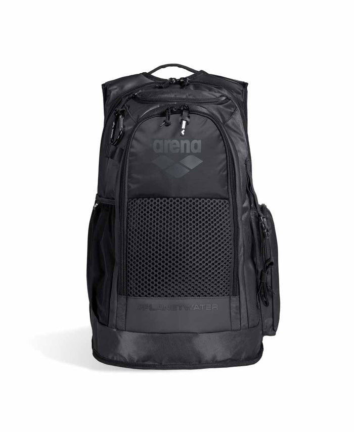 Black Arena All Set Backpack 45L with multiple compartments and padded straps, designed for sports and travel use.