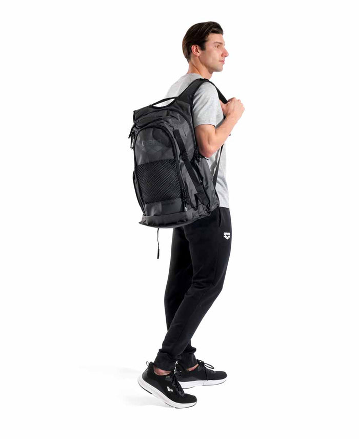 Black Arena All Set Backpack 45L with multiple compartments and padded straps, designed for sport and travel use.