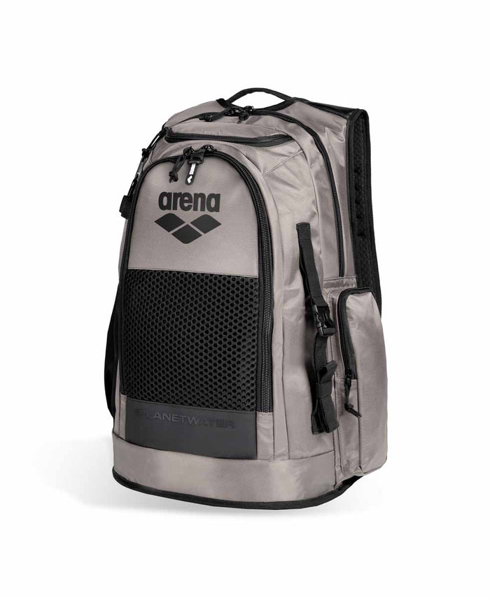 Arena All Set Backpack 45L in ice color, featuring multiple compartments and adjustable straps, designed for sports and travel.