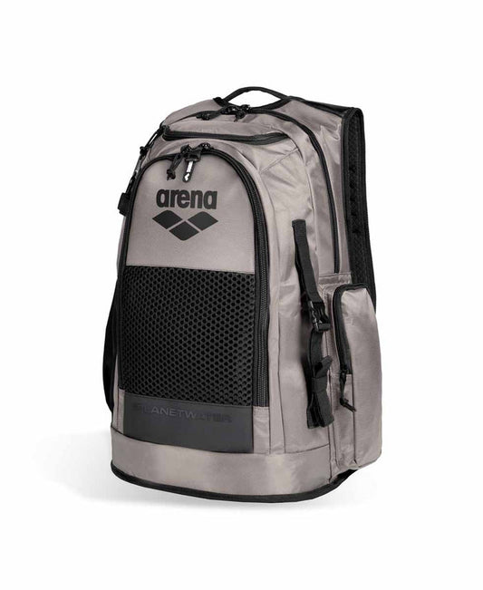 Arena All Set Backpack 45L in ice color, featuring multiple compartments and adjustable straps, designed for sports and travel.