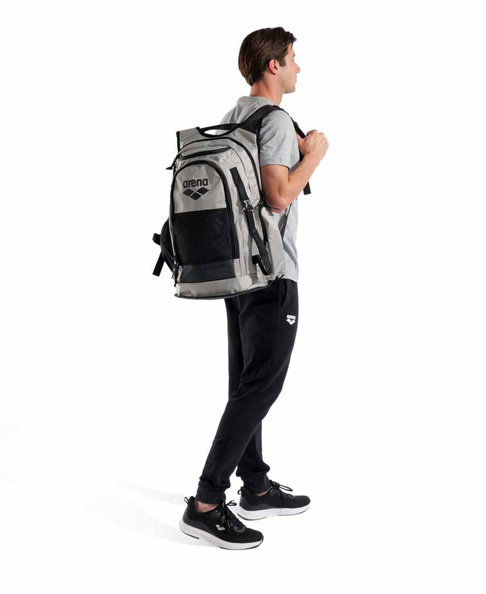 Arena All Set Backpack 45L in ice color, featuring multiple compartments and adjustable straps for sports and travel use.