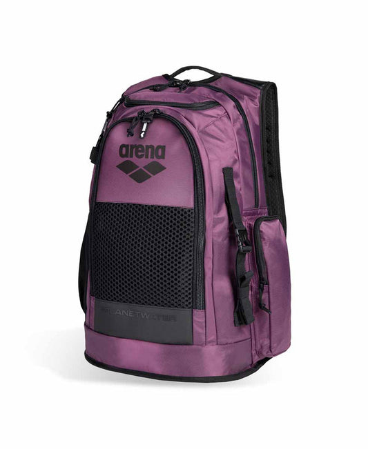 Arena All Set Backpack 45L in plum color, featuring multiple compartments and adjustable straps for sports and travel use.
