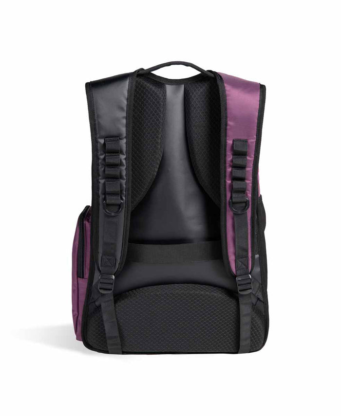 Arena All Set Backpack 45L in plum color, featuring multiple compartments and sturdy straps for sports and travel.