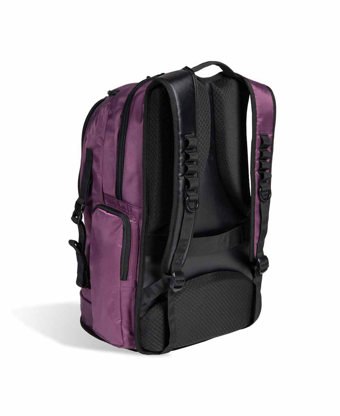 Arena All Set Backpack 45L in plum with multiple compartments and adjustable straps, designed for sports and travel.