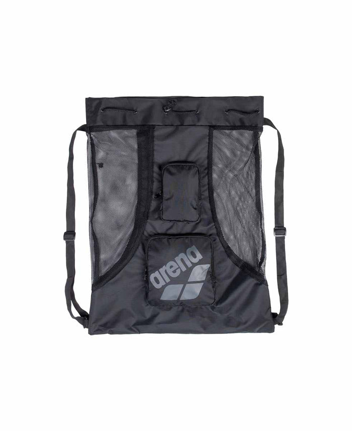 Black Arena All Set mesh bag with multiple compartments, designed for sports and swim gear storage.