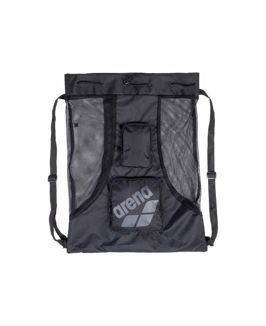 Black Arena All Set mesh bag with multiple compartments, designed for sports and swim gear storage.