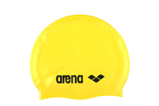 Yellow and black Arena Classic silicone swim cap, made of durable silicone, designed for comfortable swimming.