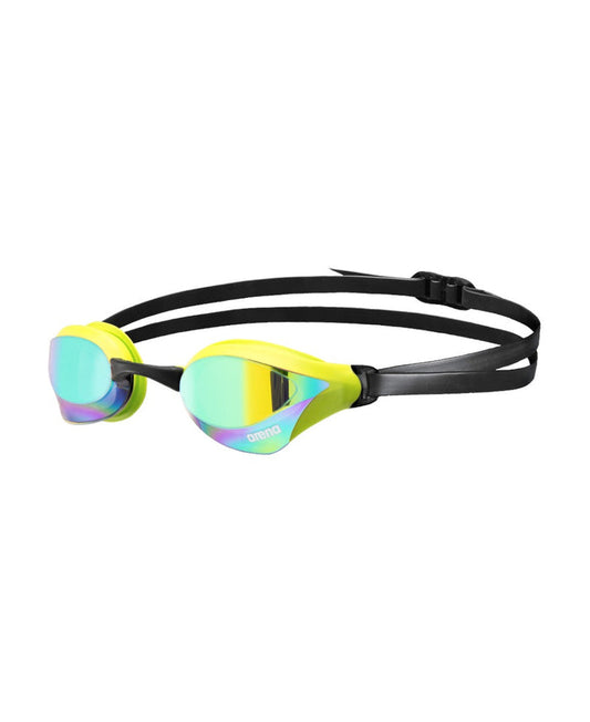 Arena Cobra Core Swipe Mirror Racing Goggles in emerald and cyber lime with reflective lenses, designed for competitive swimming.