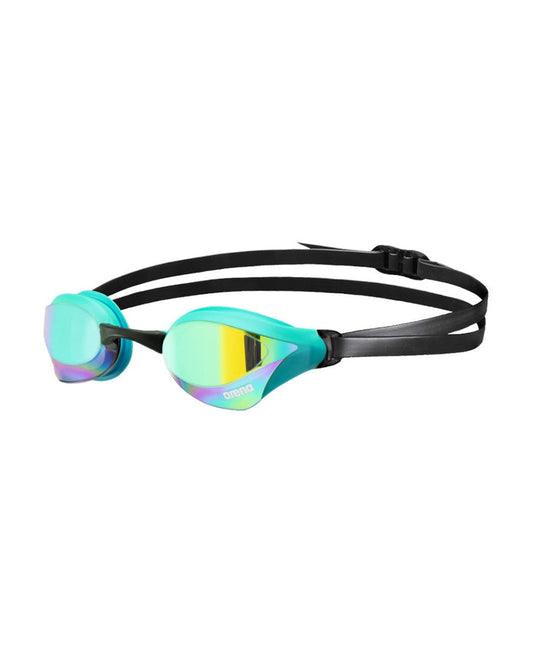Arena Cobra Core Swipe mirror racing goggles in emerald and peacock with reflective lenses and adjustable strap.