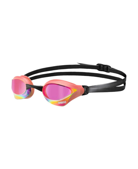 Arena Cobra Core Swipe Mirror Racing Goggles with violet and coral accents, featuring reflective mirror lenses for swimming.