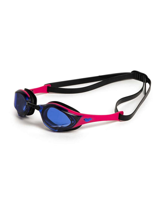 Arena Cobra Edge Swipe racing goggles in blue, violet, pink, and black with sleek design and adjustable strap for competitive swimming.