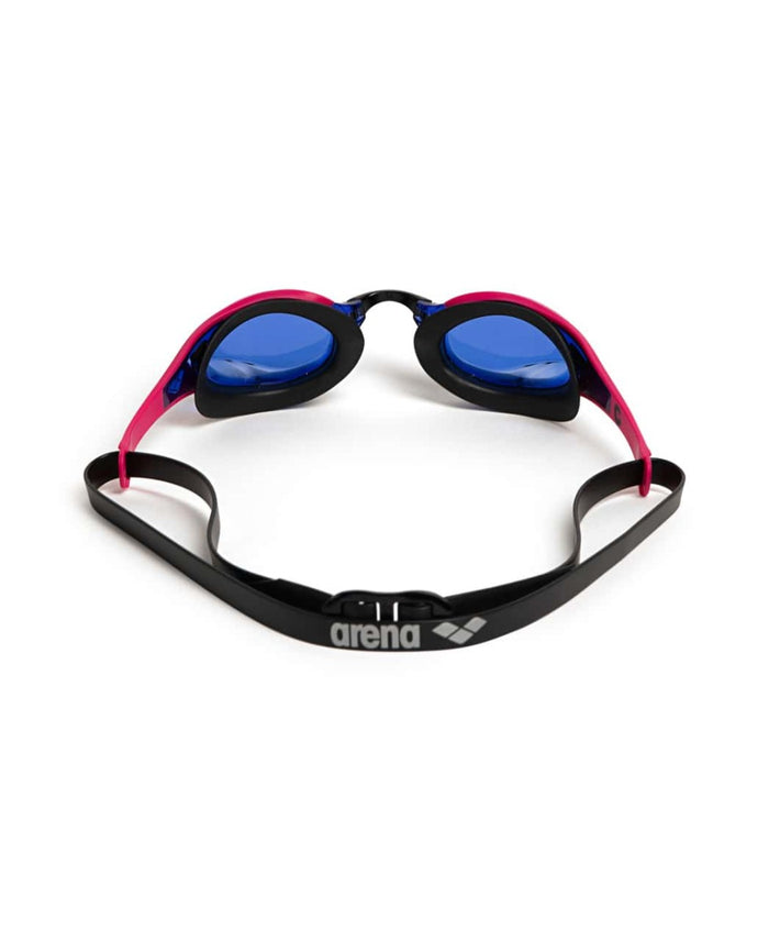 Arena Cobra Edge Swipe Racing Goggles in blue, violet, pink, and black with a sleek design for competitive swimming.