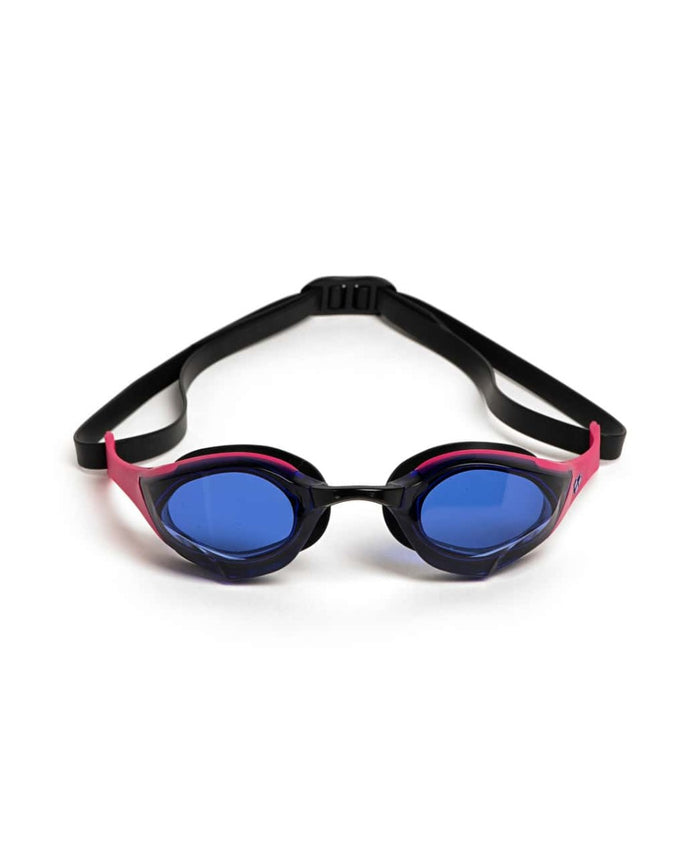 Arena Cobra Edge Swipe Racing Goggles in blue, violet, pink, and black with adjustable straps and clear lens for competitive swimming.