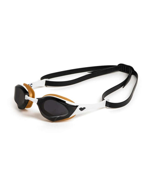 Arena Cobra Edge Swipe Racing Goggles with smoke lenses, white frame, and gold accents, designed for competitive swimming.