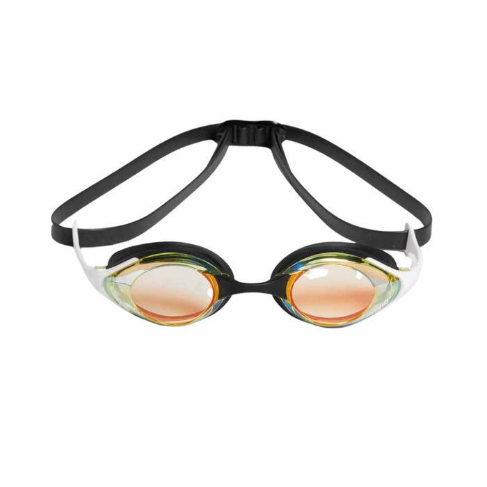 Arena Cobra Swipe mirror racing goggles in copper and white with a sleek, aerodynamic design for competitive swimming.