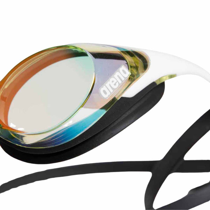 Arena Cobra Swipe Mirror Racing Goggles in copper and white with reflective lenses, designed for competitive swimming.