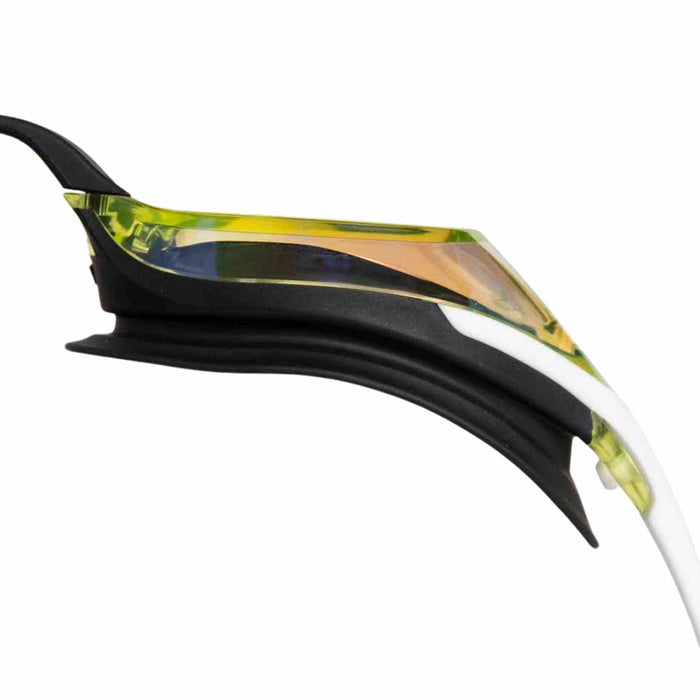 Arena Cobra Swipe Mirror Racing Goggles in copper and white with reflective mirror lenses for competitive swimming.