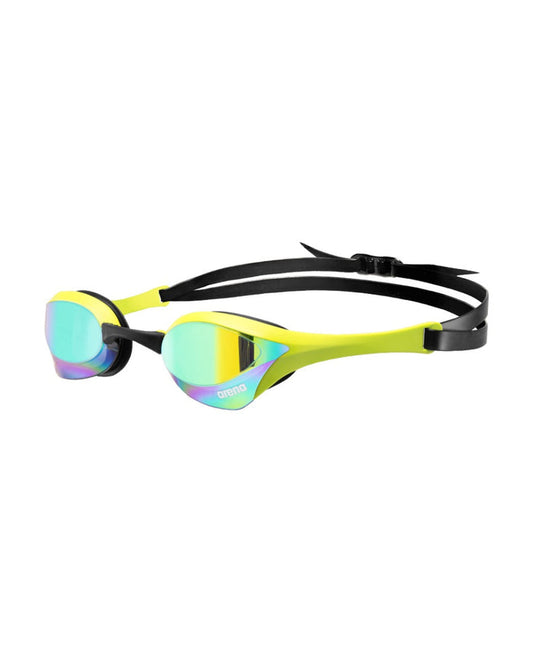 Arena Cobra Ultra Swipe Mirror Racing Goggles in emerald and cyber lime with mirrored lenses, designed for competitive swimming.