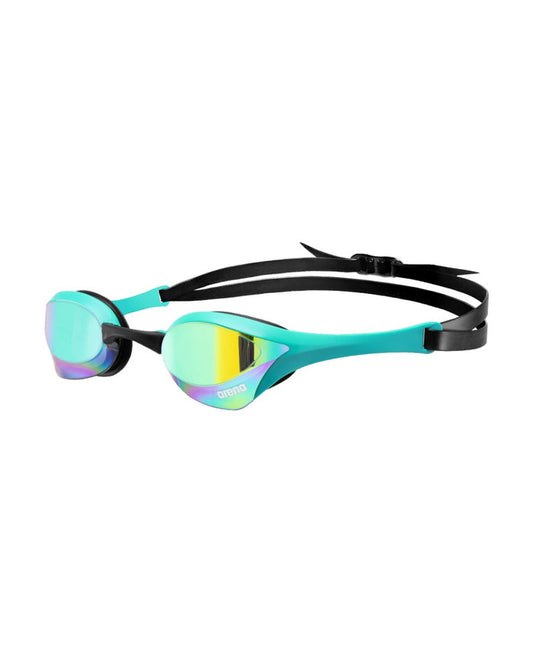 Arena Cobra Ultra Swipe mirror racing goggles in emerald and peacock with adjustable strap and reflective lenses for competitive swimming.