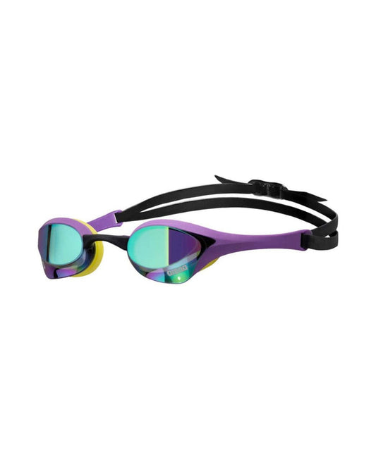 Arena Cobra Ultra Swipe mirror racing goggles in emerald, plum, and lime colors with sleek, reflective lenses for competitive swimming.