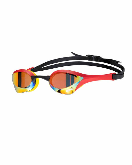 Arena Cobra Ultra Swipe Mirror Racing Goggles in gold and red with mirrored lenses, designed for competitive swimming.